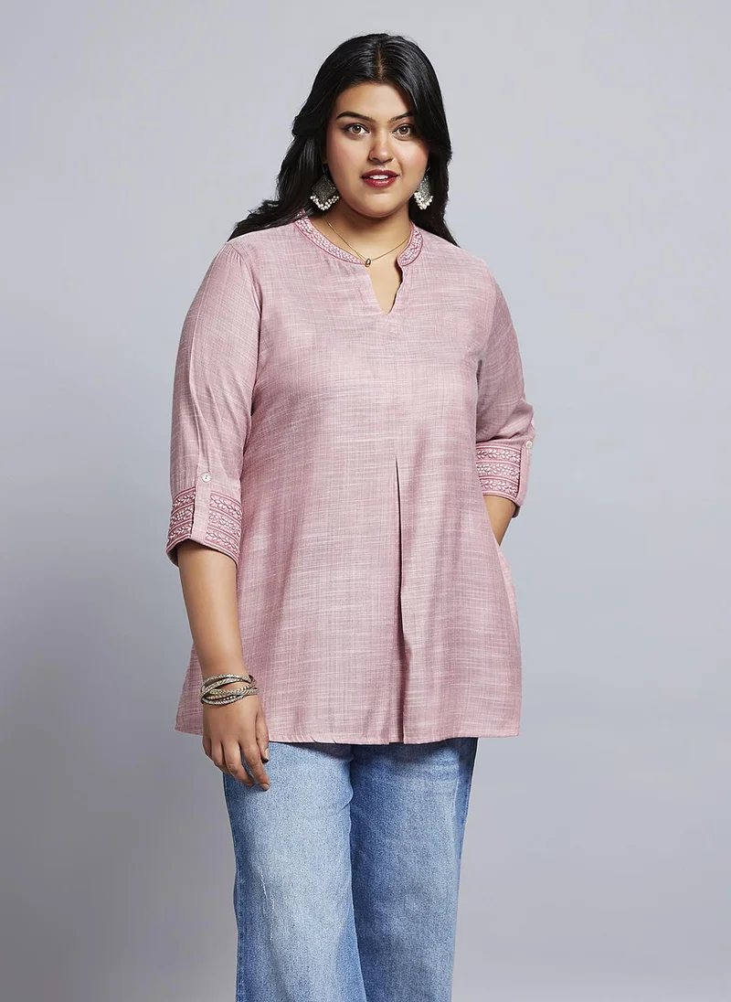 globus Globus Gloplus Women Mandarin Collar Embroidered Sleeves Plus Size Workwear Tunic
